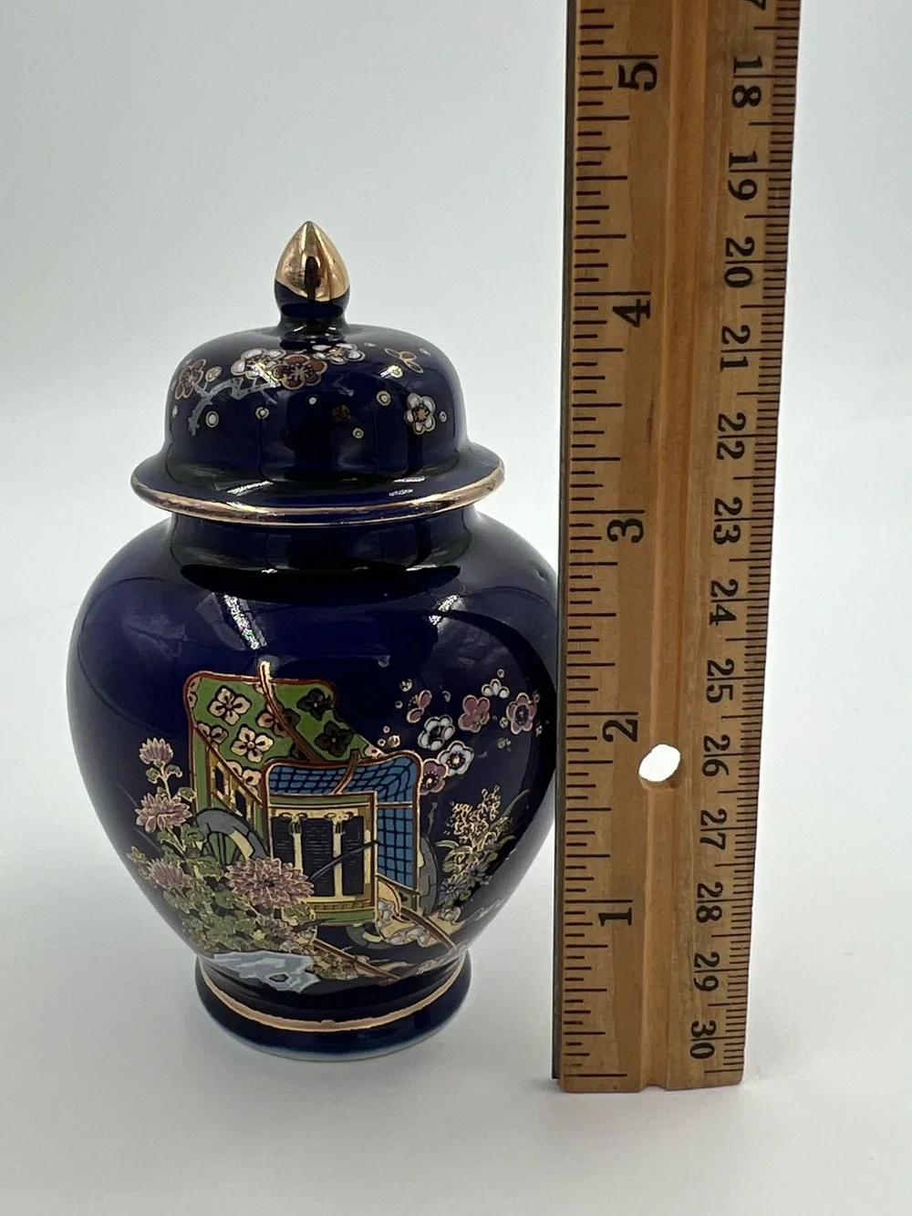 Vintage Sato Gordon Japan Kutani Cobalt Blue Ginger Jar Rickshaw & Flowers 4.5”